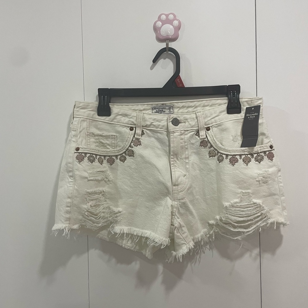 Abercrombie & Fitch Cream Distressed Jean Shorts